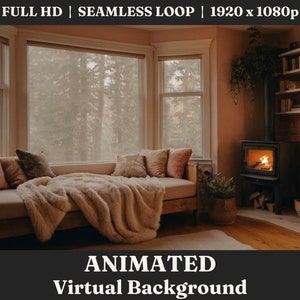 May include: A cozy living room with a large window overlooking a snowy forest, a wood-burning stove, and a plush daybed with a throw blanket. The room is decorated with plants and bookshelves.