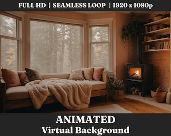ANIMATED Cozy Soft Rain Boho Background Video, Streaming Background Loop, Animated Scene for Professionals Work From Home Zoom Background