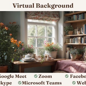 May include: A virtual background image featuring a sunny room with a window, a table, and a bookshelf filled with books. The room is decorated with plants and flowers. The image is ideal for use in video conferencing applications such as Google Meet, Zoom, Facebook, Skype, Microsoft Teams, and Webex.