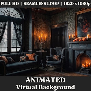 Peut inclure: Un fond d'écran virtuel animé sombre et gothique avec une cheminée aux flammes vacillantes, un canapé, un fauteuil et une grande fenêtre avec des rideaux en dentelle. La pièce est décorée de bougies et d'un tableau représentant un crâne.