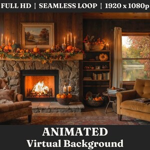 May include: A cozy living room with a fireplace, a window with fall foliage, and a bookshelf filled with books. The fireplace has a roaring fire and is decorated with a garland of fall leaves and pumpkins. The room is lit by candles and has a warm, inviting atmosphere.  Animated Virtual Background.