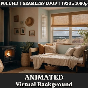 ANIMATED Cozy Beach Cottage Background Video, Streaming Background Loop, Animated Scene for Professionals Work From Home Zoom Background
