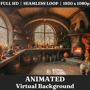 May include: A cozy, rustic kitchen with a fireplace, wooden shelves, and a window overlooking a forest. The room is decorated with pumpkins, candles, and other autumnal accents. The text "ANIMATED Virtual Background" is displayed at the bottom of the image.