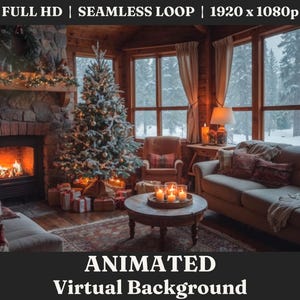 Puede incluir: Una acogedora sala de estar con una chimenea encendida, un árbol de Navidad decorado y un sofá con almohadas. La habitación tiene grandes ventanas con una vista nevada al exterior. El texto "ANIMATED Virtual Background" está en la parte inferior de la imagen.