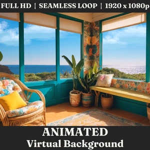 ANIMATED Tropical Cabana Sunroom Background Video, Streaming Background Loop Animated Scene for Professionals Work From Home Zoom Background