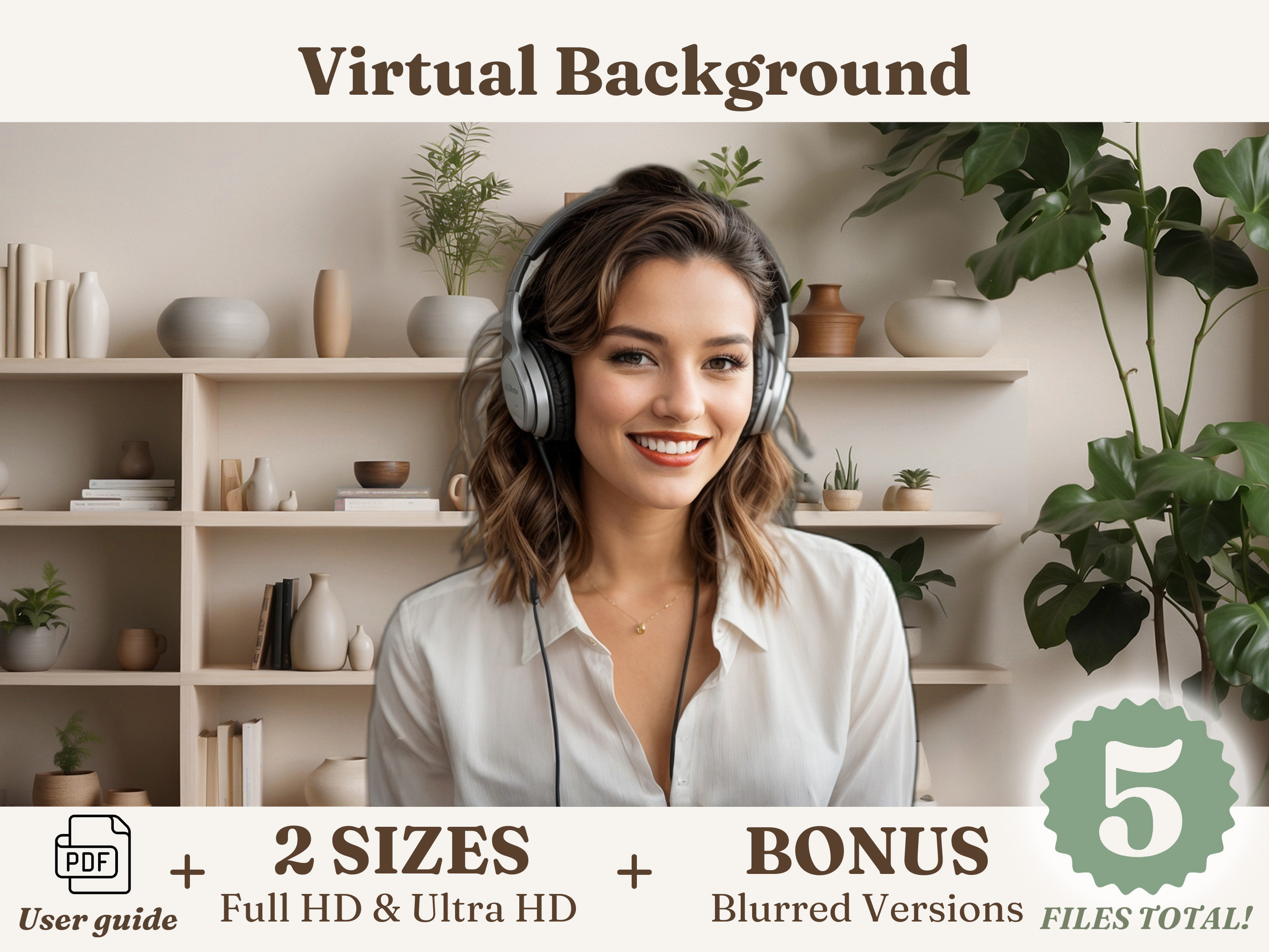 Remote Backdrop White Bookshelf Plants Virtual Background, Realistic Digital Zoom ...