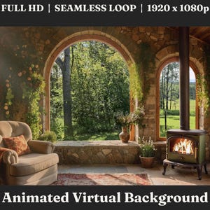 Può includere: Uno sfondo virtuale animato con un interno accogliente con un muro in pietra, finestre ad arco e un camino. Una comoda poltrona, una libreria e piante in vaso contribuiscono all'atmosfera invitante. Viene visualizzato il testo "FULL HD | SEAMLESS LOOP | 1920 x 1080p".