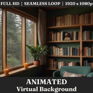 Puede incluir: Un fondo virtual que muestra una habitación con una gran ventana que da a un exuberante bosque verde. La habitación tiene una estantería llena de libros, un cómodo sillón y una planta en maceta. La ventana está abierta y llueve afuera. El texto "ANIMATED Virtual Background" se muestra en la parte inferior de la imagen.