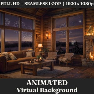 Peut inclure: Intérieur douillet d'un chalet avec une cheminée, un canapé et une table basse. Les fenêtres donnent sur un paysage enneigé avec des feux d'artifice qui explosent dans le ciel nocturne. Le texte "ANIMATED Virtual Background" est en bas de l'image.
