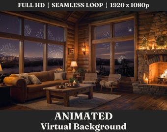 ANIMATED New Years Eve Cozy Cabin Background Video, Holiday Zoom Background Loop Animated Scene for Professionals Work From Home Streamer
