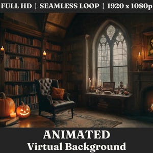 May include: A dark, gothic-style library with a large window, a fireplace, and bookshelves filled with books. There are two lit jack-o'-lanterns on a table in the foreground. The text "ANIMATED Virtual Background" is at the bottom of the image.