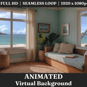 ANIMATED Tropical Beach House Background Video, Streaming Background Loop, Animated Scene for Professionals Work From Home Zoom Background