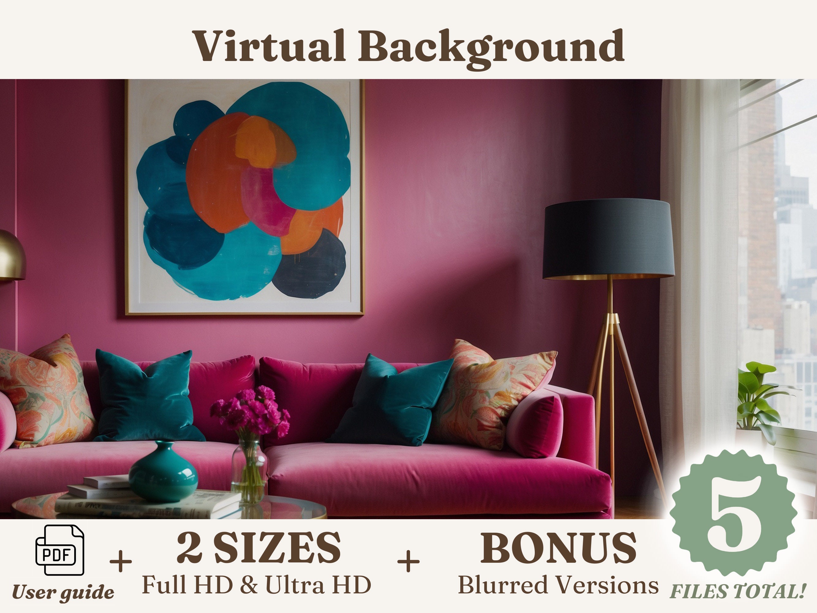 Pink Velvet Room Virtual Background, Realistic Digital Zoom Backdrop Instant Download, Work From Home Remote Office Video Call Back Ground