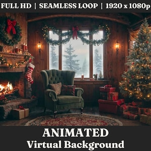 ANIMATED Warm Vintage Christmas Background Video, Holiday Zoom Background Loop Animated Scene for Professionals Work From Home Streamer