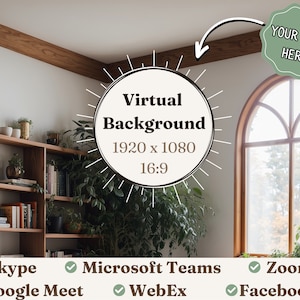 Puede incluir: Una imagen de fondo virtual que presenta una habitación con una gran ventana arqueada, estantes de madera llenos de libros y plantas en macetas. La imagen es de 1920 x 1080 píxeles y tiene una relación de aspecto de 16:9. El texto "Virtual Background" se muestra en un círculo con un diseño de rayos de sol. El texto "YOUR FACE HERE!" se muestra en un círculo con un fondo verde. El texto "Skype, Microsoft Teams, Zoom, Google Meet, WebEx, Facebook" se muestra debajo de la imagen.