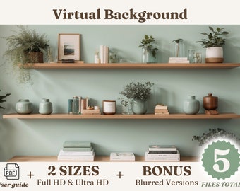 Mint Office Book Shelf Virtual Background, Realistic Digital Zoom Backdrop Instant Download, Work From Home Remote Office Video Call Meeting