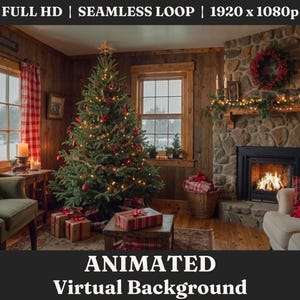 May include: A cozy living room with a lit fireplace, a decorated Christmas tree, and a green armchair with red and white plaid throw pillows. The room has wood paneling and a stone fireplace with a garland of lights and a wreath.