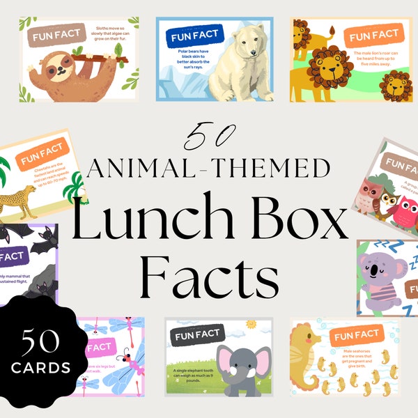 50 Printable Lunch Box Animal Fact Cards - Educational and Fun Animal Facts for Kids