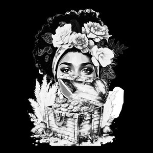 Puede incluir: Ilustración en blanco y negro de una mujer con una corona de flores que le cubre la cara. Ella sostiene un cofre del tesoro abierto, revelando monedas de oro en su interior.