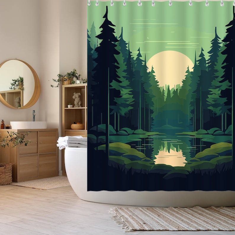 Forest Shower Curtain Green Trees Sunrise Bath Curtain Nature Landscape Scenery Shower Curtain