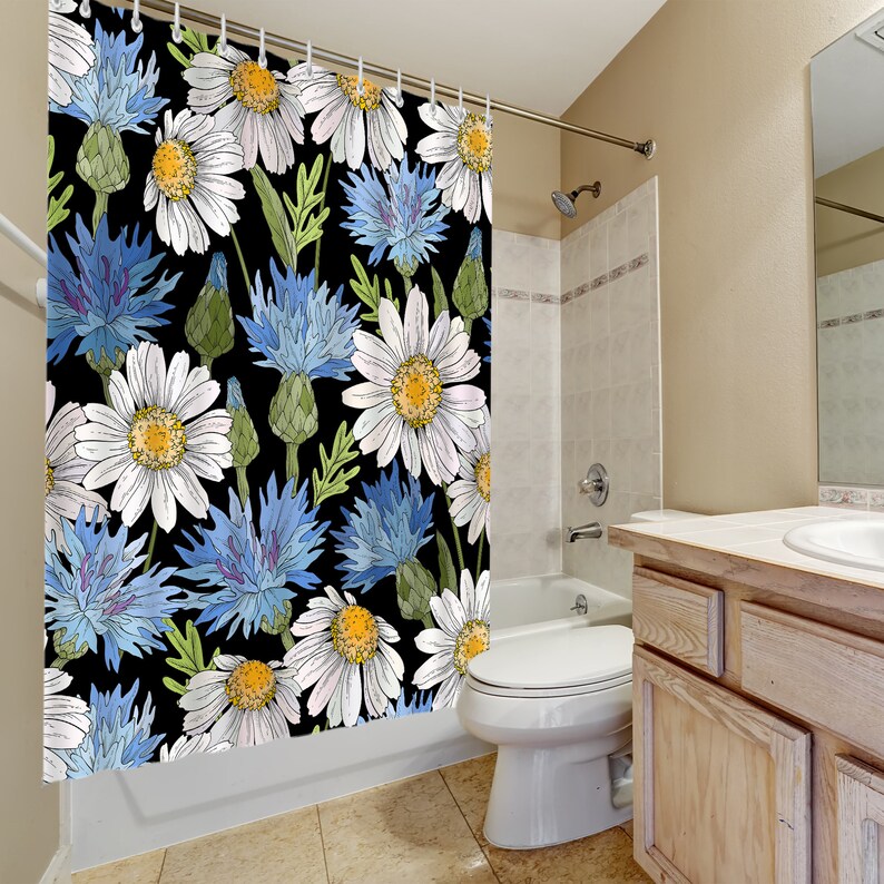 Cornflowers and Daisies Bathroom Shower Curtain Wild Flowers Shower Curtain Botanical Plant Bath