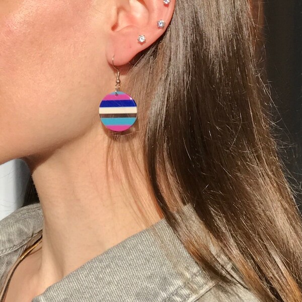 Retro 60s 70s 80s Vintage Style Stripes Flat Round Coin Shape Earrings/ Blue Pink White Transparent Stripes/ Retro Style