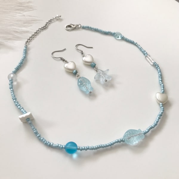 Marine Beaded Jewelry Set/ Sea Ocean Blue White Beaded Mismatched Earrings & Choker/ Starfish, Fish, Shell, Artificial Pearls, Glass Beads