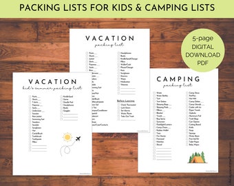 Kid's Packing List for Vacation, Travel Packing List Printable, Camping Checklist, Camping Meal Planner, Travel Checklist, Packing Checklist
