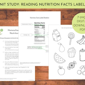 Peut inclure: Une feuille de travail imprimable pour apprendre aux enfants à lire les étiquettes nutritionnelles. La feuille de travail comprend un exemple d'étiquette nutritionnelle, une section de discussion et d'activité de groupe et une page à colorier avec divers aliments. La feuille de travail est intitulée "Étude unitaire : Lecture des étiquettes nutritionnelles" et "Nutrition à domicile".