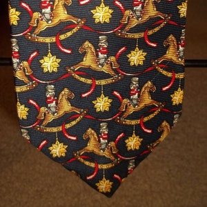 Vintage 90s Men&#39;s Repp Silk Christmas Tie Blue w/Toy Soldiers & Rocking Horses XL 61x4 Made in USA