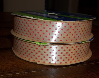 Lot of 2 Rolls Vintage Bow Master Sasheen Ribbon Cream W/Red Polka Dots 60 feet 7/8"