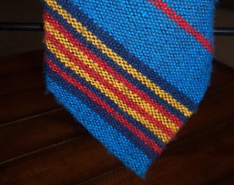 Vintage Men's 70s Wool Preppy Striped Necktie 55x3.5 Blue/Gold/Red Funky Retro