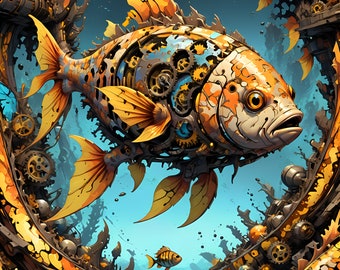 6 pcs of Comic Book style artwork, Fish in Sea, Orange-Yellow theme, 2:3, high resolution