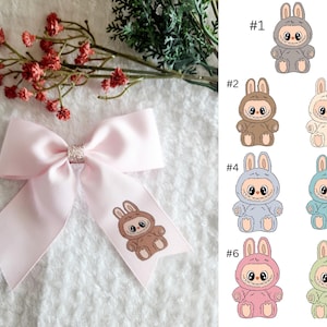 Custom Labubu Ribbon Hairbow, Cute Hairbow for Girls, Party Favor, Birthday Hairbow, Labubu Party Hair Bow, White or Pink Ribbon Bow