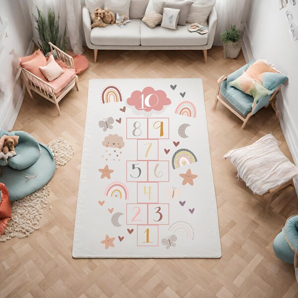 Tapis pour enfants à la marelle d'inspiration bohème : une façon élégante de jouer ! Tapis de marelle céleste, tapis de jeu pour enfants, décoration bohème pour chambre d'enfant