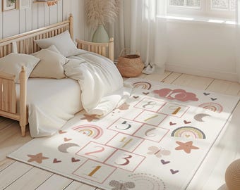 Boho-Inspired Hopscotch Children's Rug: A Stylish Way to Play! Celestial Hopscotch Area Rugs, Children's Play Mat, Boho Nursery Decoration