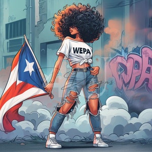 DIGITAL FILE Afro Latina with Puerto Rican flag