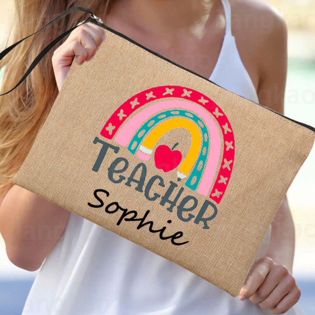 Personalized Rainbow Teacher Pencil Case: Custom Name Linen Storage for ...