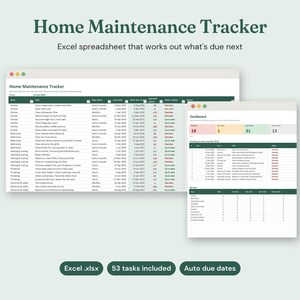 May include: A digital Home Maintenance Tracker Excel spreadsheet featuring a task list with columns for area, task, frequency, dates, and status. The dashboard view displays summary metrics, upcoming tasks, and maintenance by area.