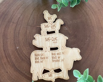 Meat Temperature Bass Wood Laser Engraved Magnet fish,beef,chicken,pork,Meat Temperature Guide, Kitchen gifts,Temperature Chart