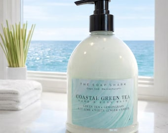 Gel de ducha y jabón de manos y cuerpo con té verde costero / Jabón de spa, hierba limón, lima, jengibre, ámbar / Aroma fresco a spa costero / 532 ml