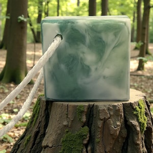 Op de afbeelding: Een vierkant, gemarmerd groen en wit zeep- of decoratieblok met een wit touw eraan. Het blok wordt tentoongesteld op een met mos bedekte boomstronk in een bosrijke omgeving. Het blok heeft een gat waardoor het touw kan passeren.