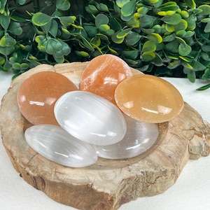 Pode incluir: Uma cole&ccedil;&atilde;o de pedras polidas laranja e brancas exibidas numa tigela de madeira. As pedras variam em tamanho e forma, com um acabamento liso e brilhante. O fundo apresenta folhagem verde.