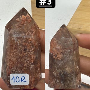 May include: Two reddish-brown quartz crystal points. The crystals have a textured appearance with areas of lighter and darker tones. One crystal has a label with the number "10R". The background includes a wooden surface and greenery.