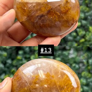 May include: A polished, oval-shaped gemstone with a mix of golden and brown hues. The stone has a smooth, glossy surface and is labeled with "16 G" in a white rectangle. The image also includes the text "#13".