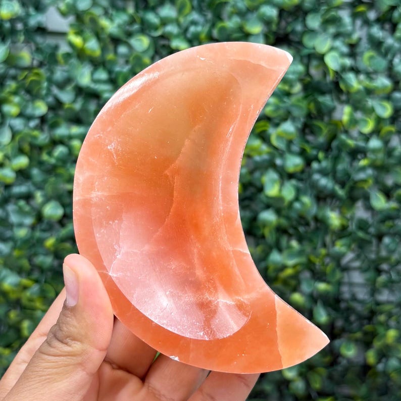Satin Spar Bowl 4 in. | Medium Selenite Bowl | Cleansing and Spiritual Growth Moon (Orange)