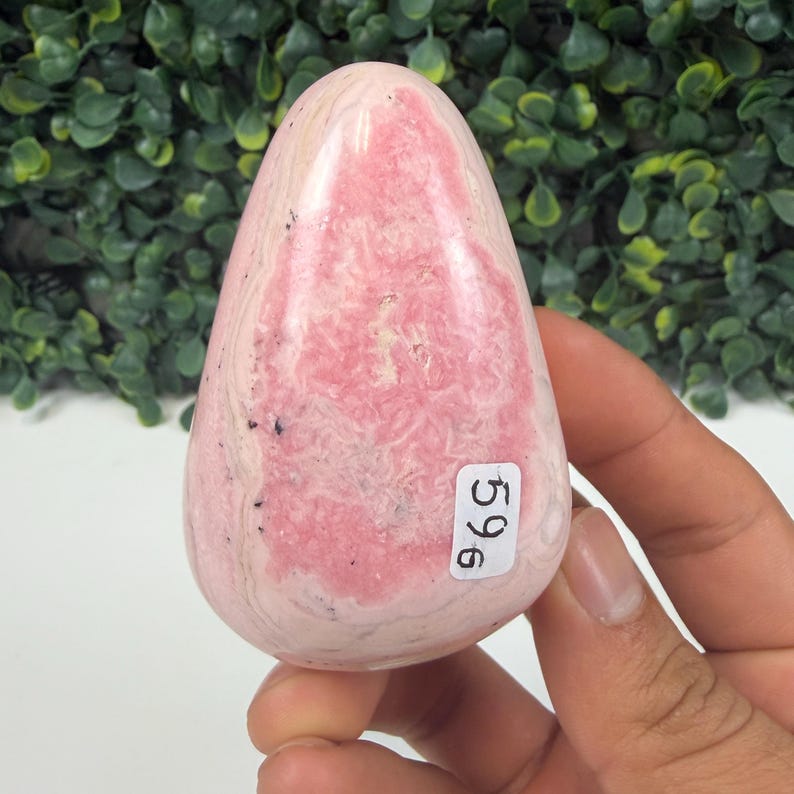 May include: A polished, egg-shaped gemstone with a pink and white marbled pattern. The stone has a smooth surface and a sticker with the number "596" on it. The gemstone is held in a hand.