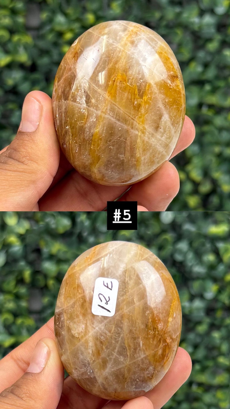 May include: A polished, oval-shaped gemstone with a warm, golden-brown hue. The stone has a smooth, reflective surface with natural patterns. The image includes the text "#5" and "12 E" on a white label.