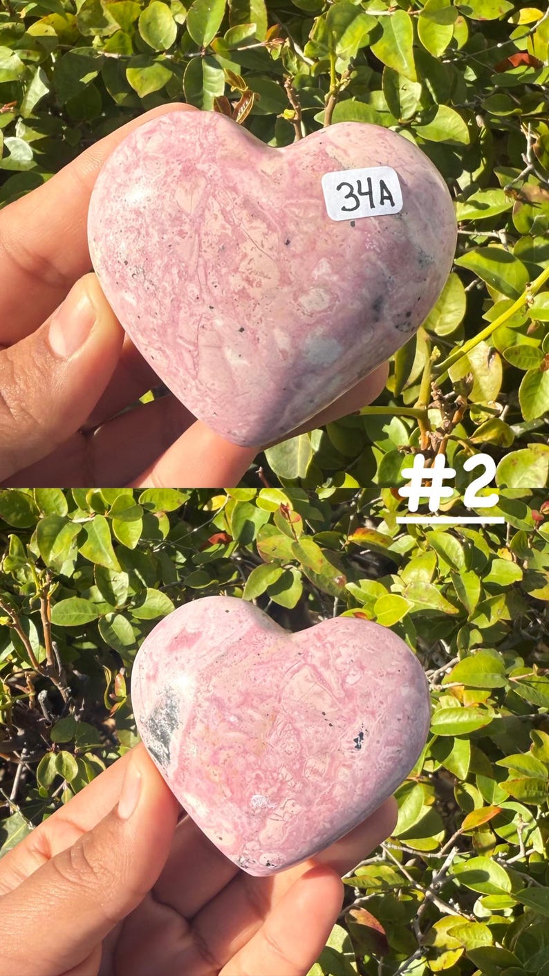 May include: Two heart-shaped stones with pink and gray marbling are held up against a backdrop of green foliage. One stone has the number "34A" on a white sticker. The other stone has the number "#2" on a white sticker.
