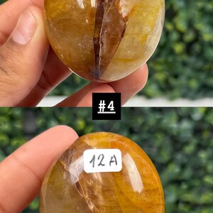 May include: Two polished, golden-brown quartz spheres. The spheres have internal veining and inclusions, with the text "#4" and "12 A" visible. The spheres are held in a hand against a blurred green background.